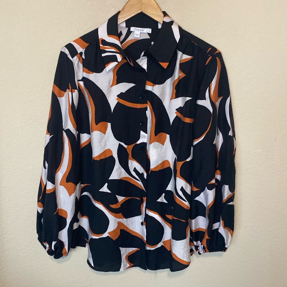 Chico's Satin Long Sleeve Tunic Black White Carmel 12 - Picture 3 of 11